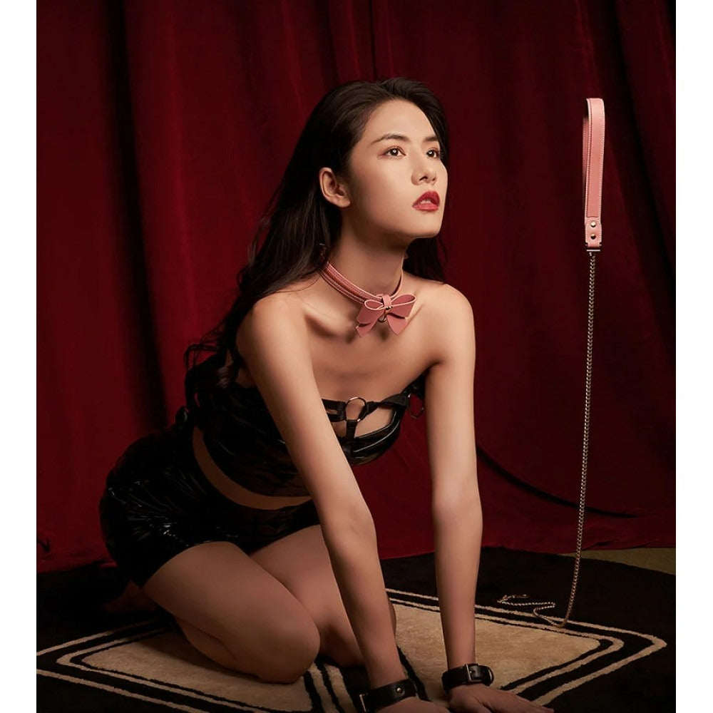 Нашийник з бантиком та повідцем Sevanda Lockink, шкіра та метал, рожевий