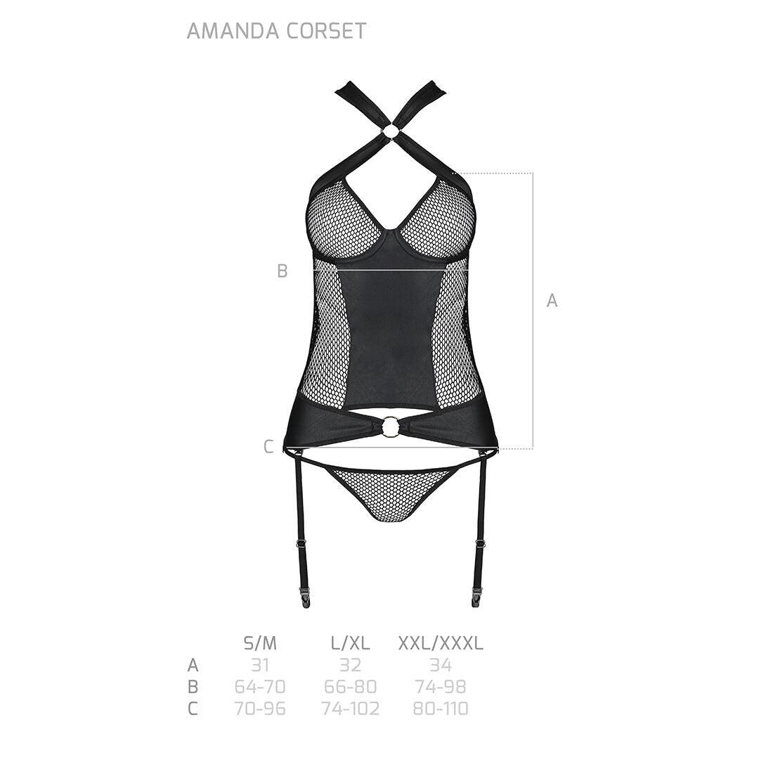 Сітчастий комплект корсет з халтером, зйомні підв'язки та трусики Passion AMANDA CORSET L/XL, black