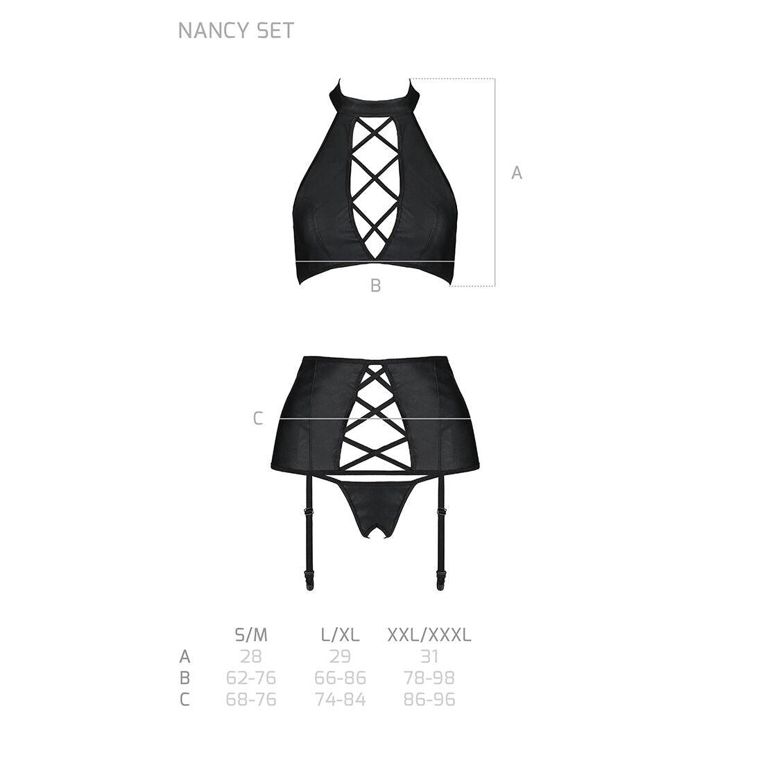 Комплект з еко-шкіри з імітацією шнурівки Passion NANCY SET L/XL black топ, трусики, пояс для панчіх