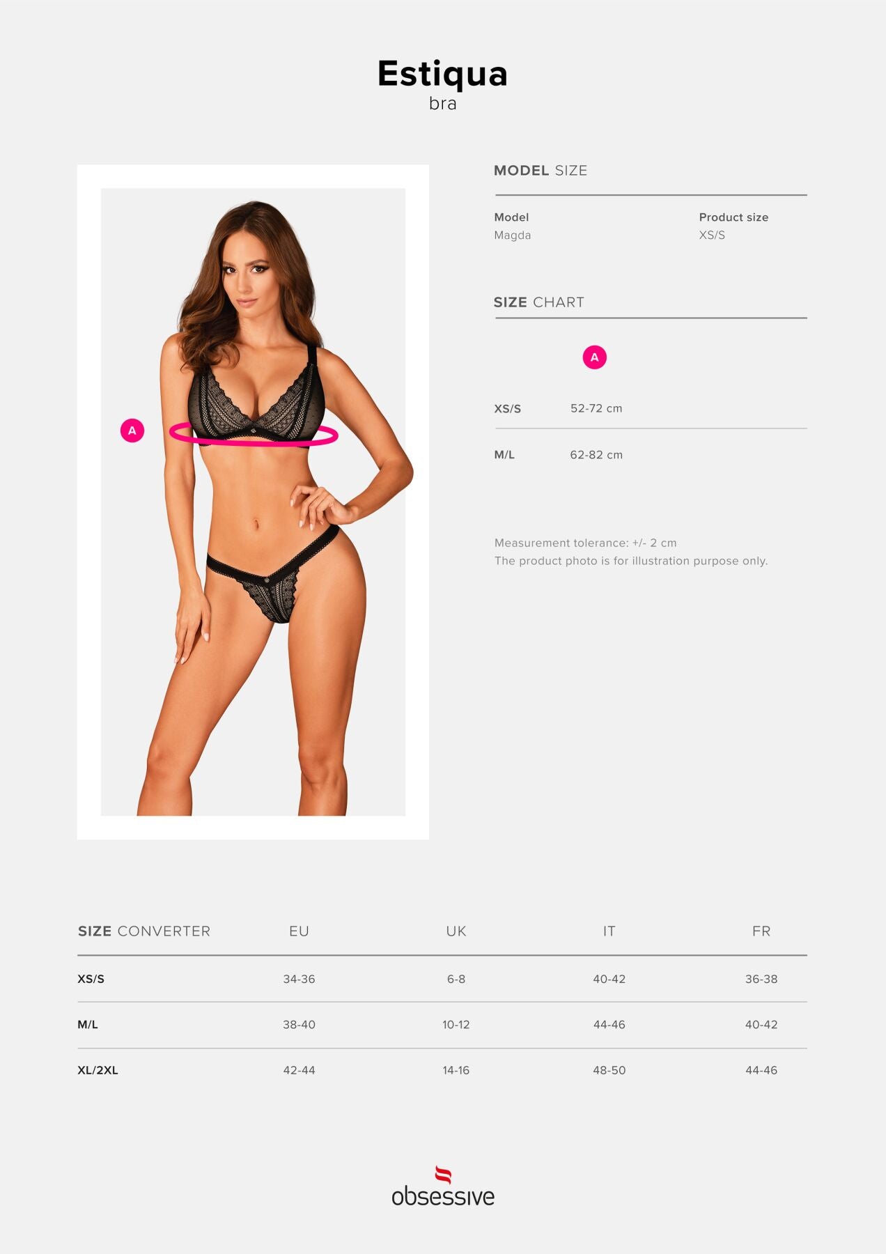 Мереживний бюстгальтер із трикутною чашкою Obsessive Estiqua bra XS/S, чорний, широкі лямки