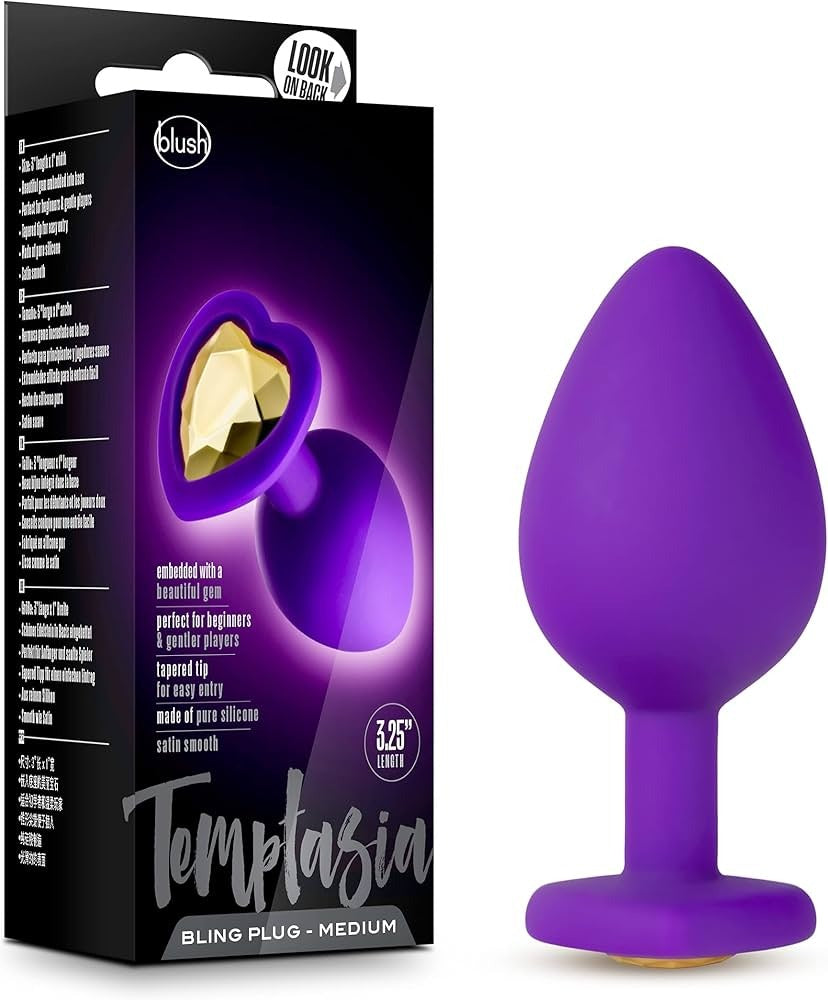 Анальна пробка силіконова Blush Temptasia із золотим стразом у формі серця, M