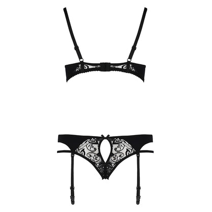 Комплект білизни Passion PAULINE SET L/XL, black, стрепи, ліф, стрінги і пояс для панчох