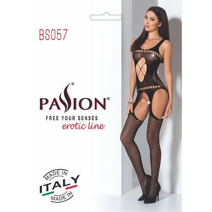 Бодістокінг Passion BS057 black, комбінезон, імітація панчох і пояса