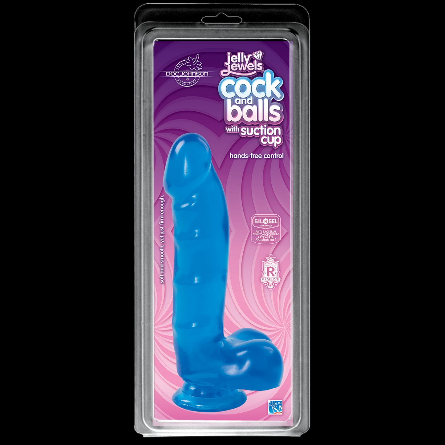 Фалоімітатор Doc Johnson Jelly Jewels Cock & Balls Blue, діаметр 3,6 см, антибактеріальний ПВХ
