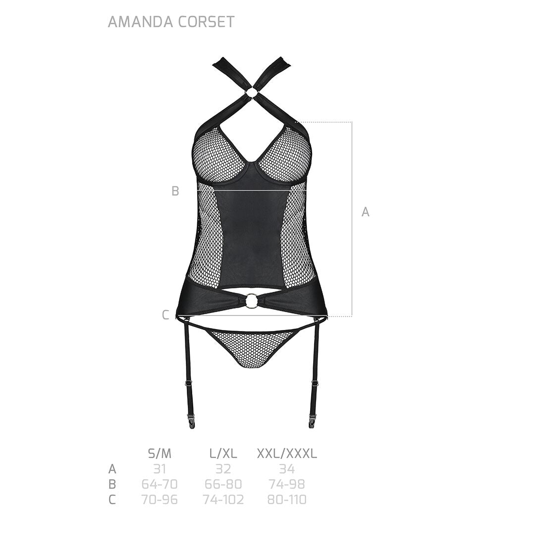 Сітчастий комплект корсет з халтером, зйомні підв'язки та трусики Passion AMANDA CORSET S/M, black