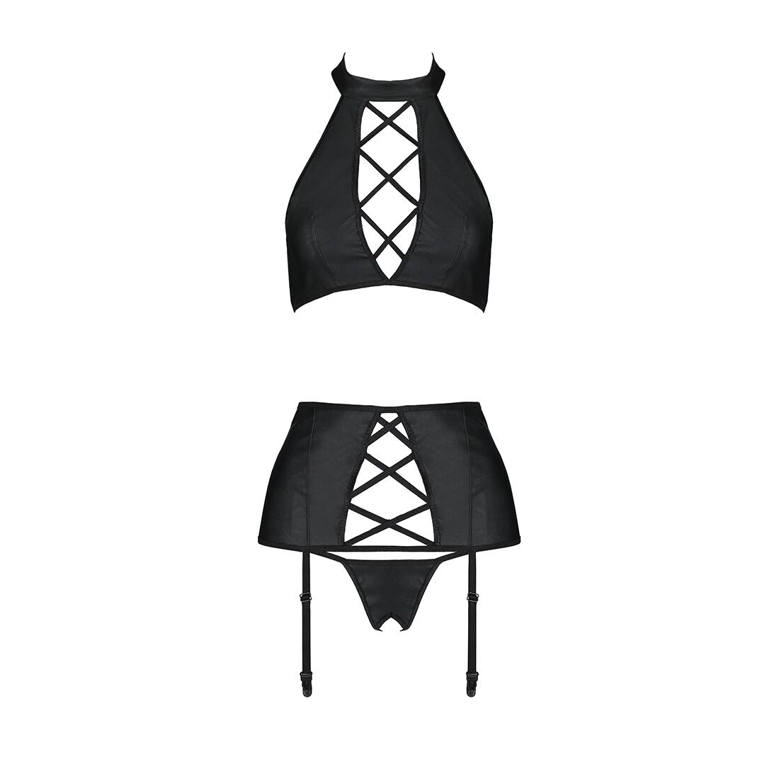 Комплект з еко-шкіри з імітацією шнурівки Passion NANCY SET S/M black топ, трусики, пояс для панчіх