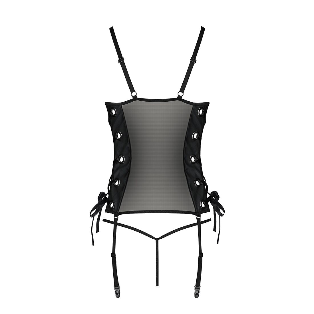 Сітчастий корсет з люверсами та знімними пажами Passion MALWIA CORSET S/M, black, екошкіра, стрінги