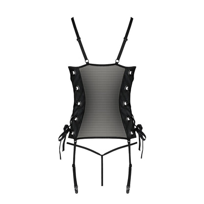 Сітчастий корсет з люверсами та знімними пажами Passion MALWIA CORSET S/M, black, екошкіра, стрінги