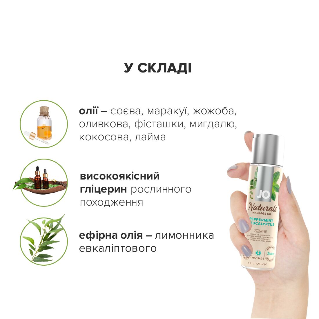 Масажна олія JO Naturals Massage Oil Peppermint & Eucalyptus з ефірними оліями (120 мл)