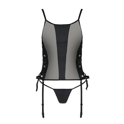Сітчастий корсет з екошкіри Passion MALWIA CORSET 4XL/5XL black, з люверсами та знімними пажами