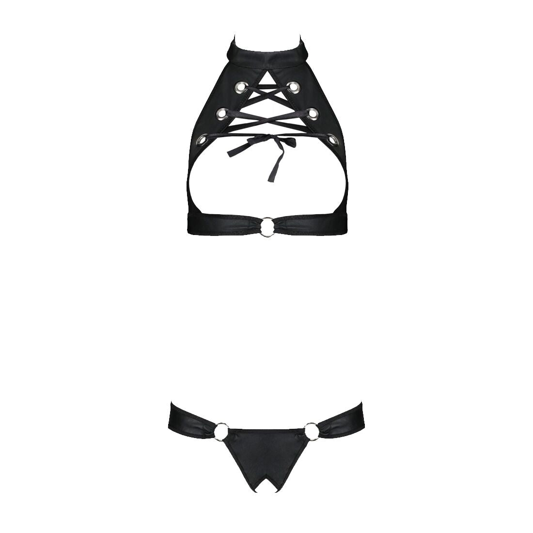Комплект із екошкіри Passion MALWIA SET with Open Bra 6XL/7XL black, топ та трусики з люверсами