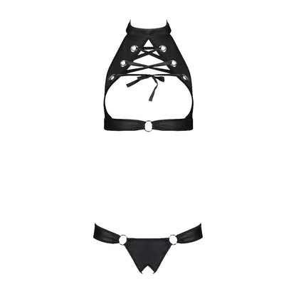Комплект із екошкіри Passion MALWIA SET with Open Bra 6XL/7XL black, топ та трусики з люверсами