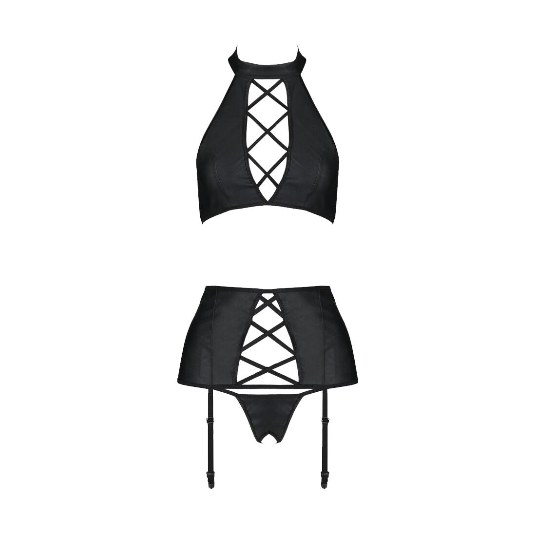 Комплект із екошкіри Passion NANCY SET 6XL/7XL black, імітація шнурівки, топ, пояс для панчіх