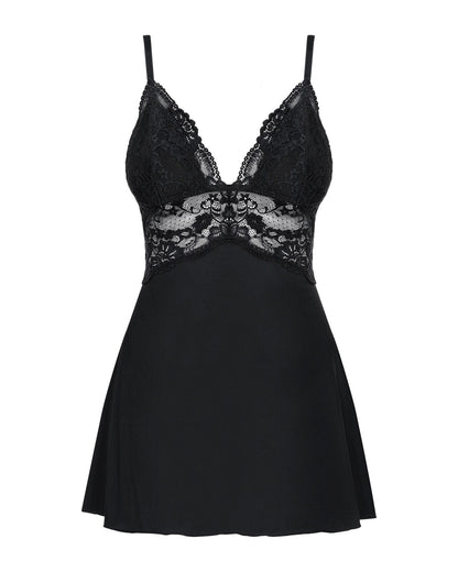 Сатиновий пеньюар із мереживом Obsessive 810-BAB-1 babydoll & thong S/M, чорний, пеньюар, танга
