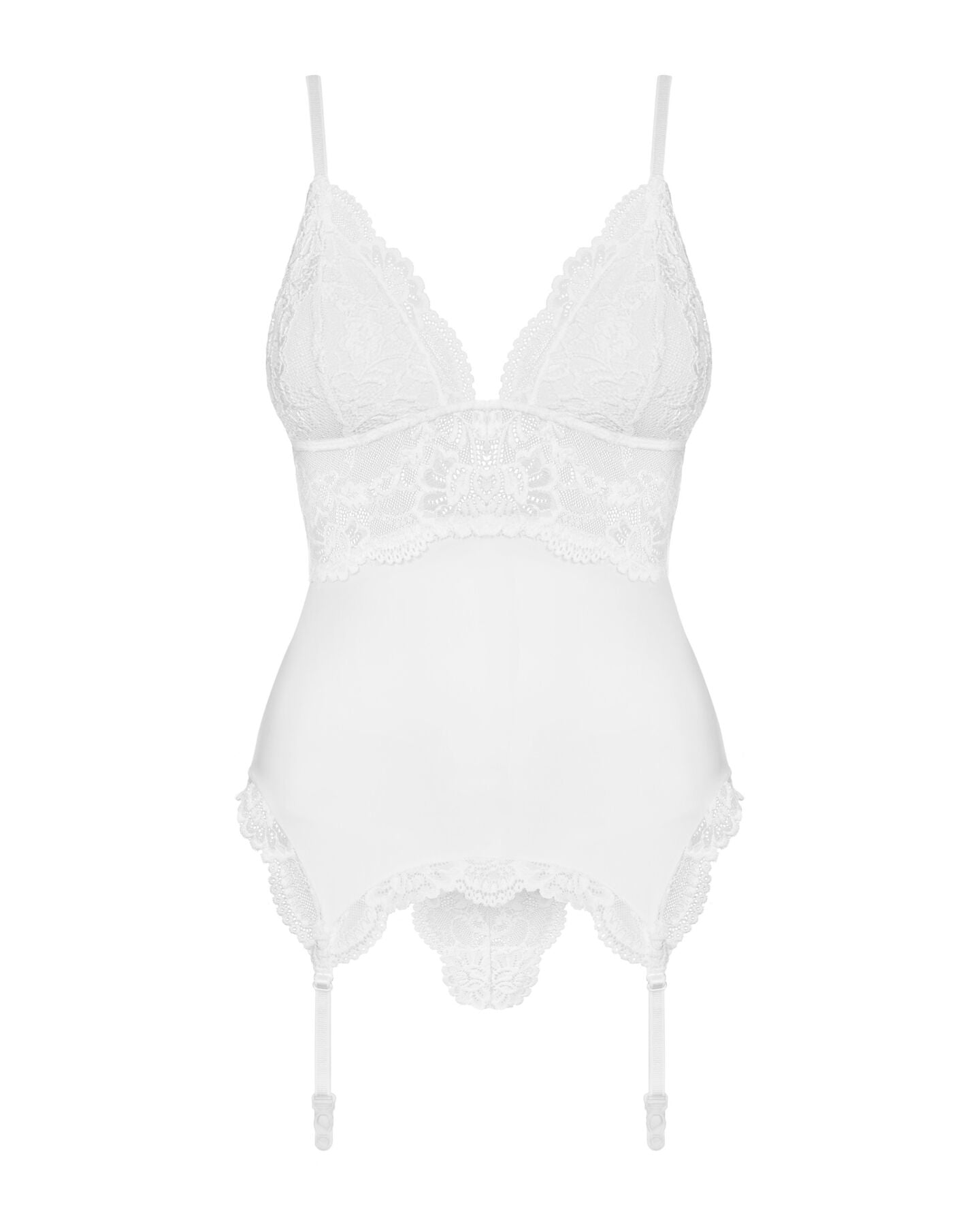 Сатиновий мереживний корсет Obsessive 810-COR-2 babydoll & thong S/M, білий, корсет, танга