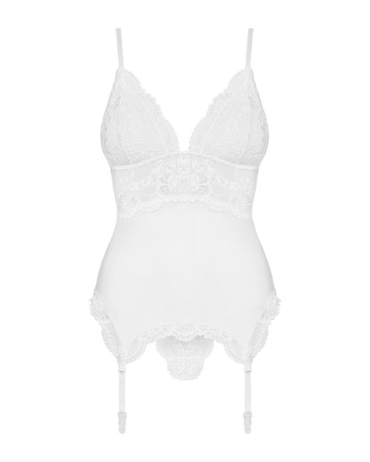 Сатиновий мереживний корсет Obsessive 810-COR-2 babydoll & thong S/M, білий, корсет, танга