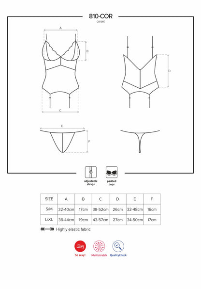 Сатиновий мереживний корсет Obsessive 810-COR-2 babydoll & thong S/M, білий, корсет, танга