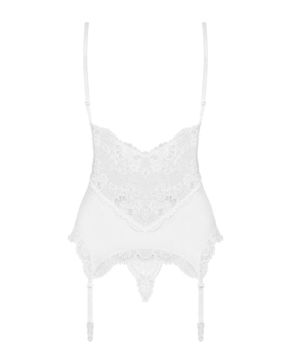Сатиновий мереживний корсет Obsessive 810-COR-2 babydoll & thong S/M, білий, корсет, танга