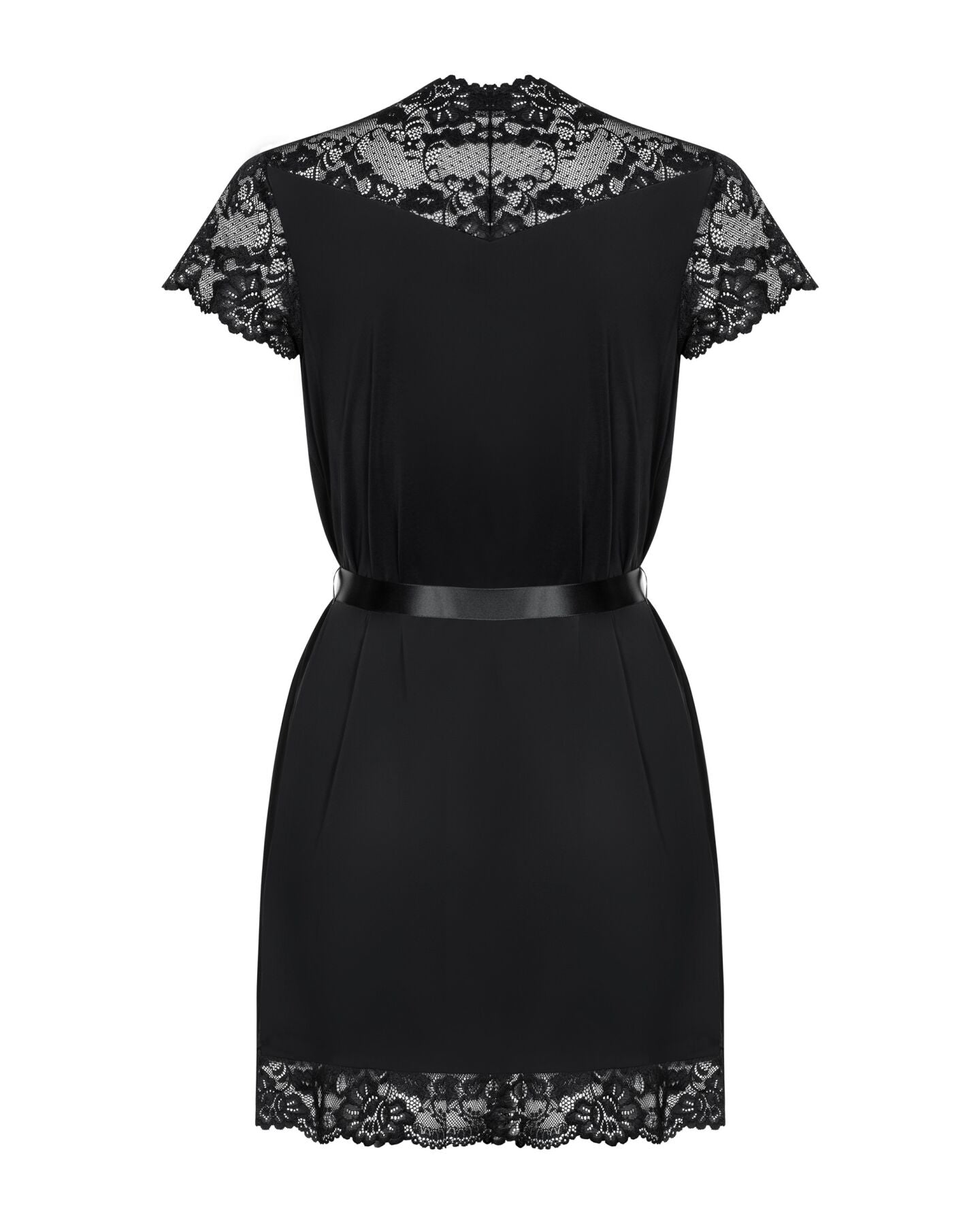 Сатиновий відкритий пеньюар на поясі Obsessive 810-PEI–1 peignoir black 2XL/3XL, чорний