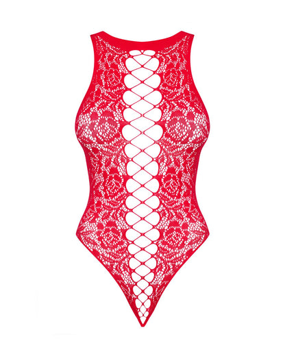 Ажурний бодістокінг із ефектом шнурівки Obsessive B120 teddy red S/M/L, червоний