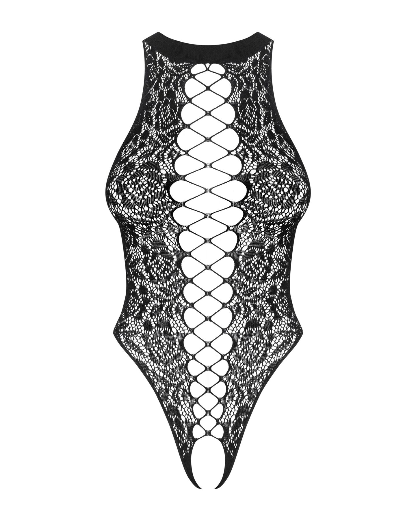 Ажурний бодістокінг із ефектом шнурівки Obsessive B129 teddy black S/M/L, чорний, з доступом