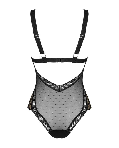 Мереживне боді з декольте Obsessive Estiqua teddy M/L, чорне, широкі лямки