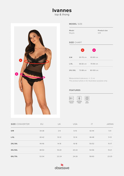 Напівпрозорий набір з прикрасами Obsessive Ivannes top & thong S/M, чорний, топ та танга