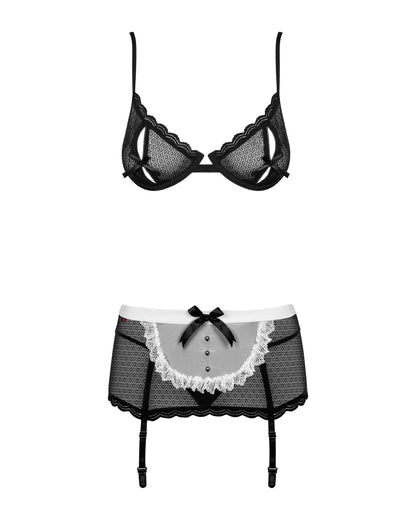 Еротичний костюм покоївки Obsessive Maidme set 5pcs L/XL, бюстгальтер, пояс з фартухом, панчохи, стр