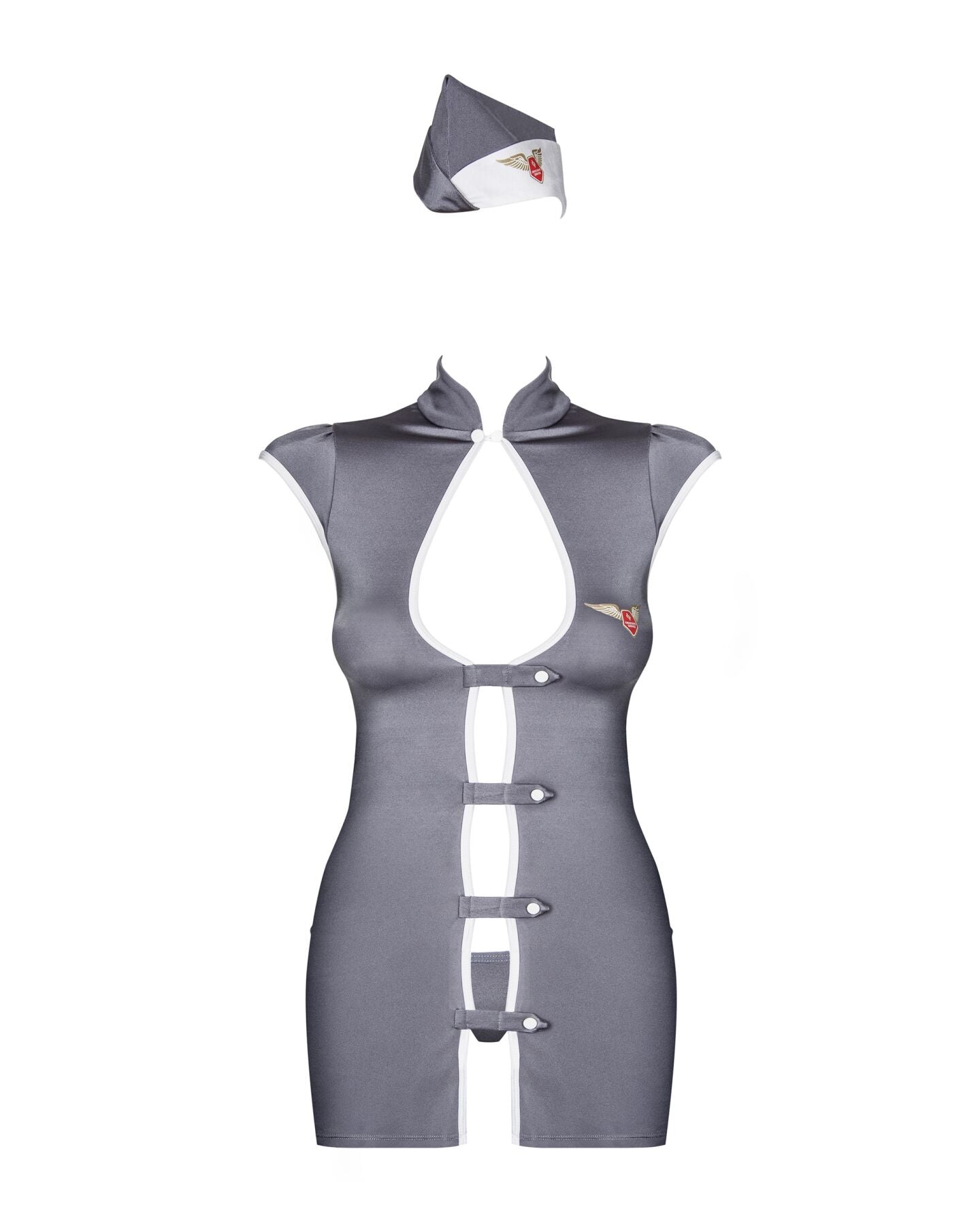 Еротичний костюм стюардеси Obsessive Stewardess 3 pcs costume grey S/M, сірий, сукня, стрінги, пілот