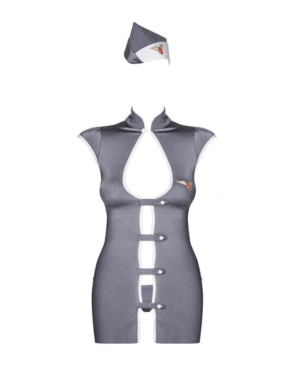Еротичний костюм стюардеси Obsessive Stewardess 3 pcs costume grey S/M, сірий, сукня, стрінги, пілот