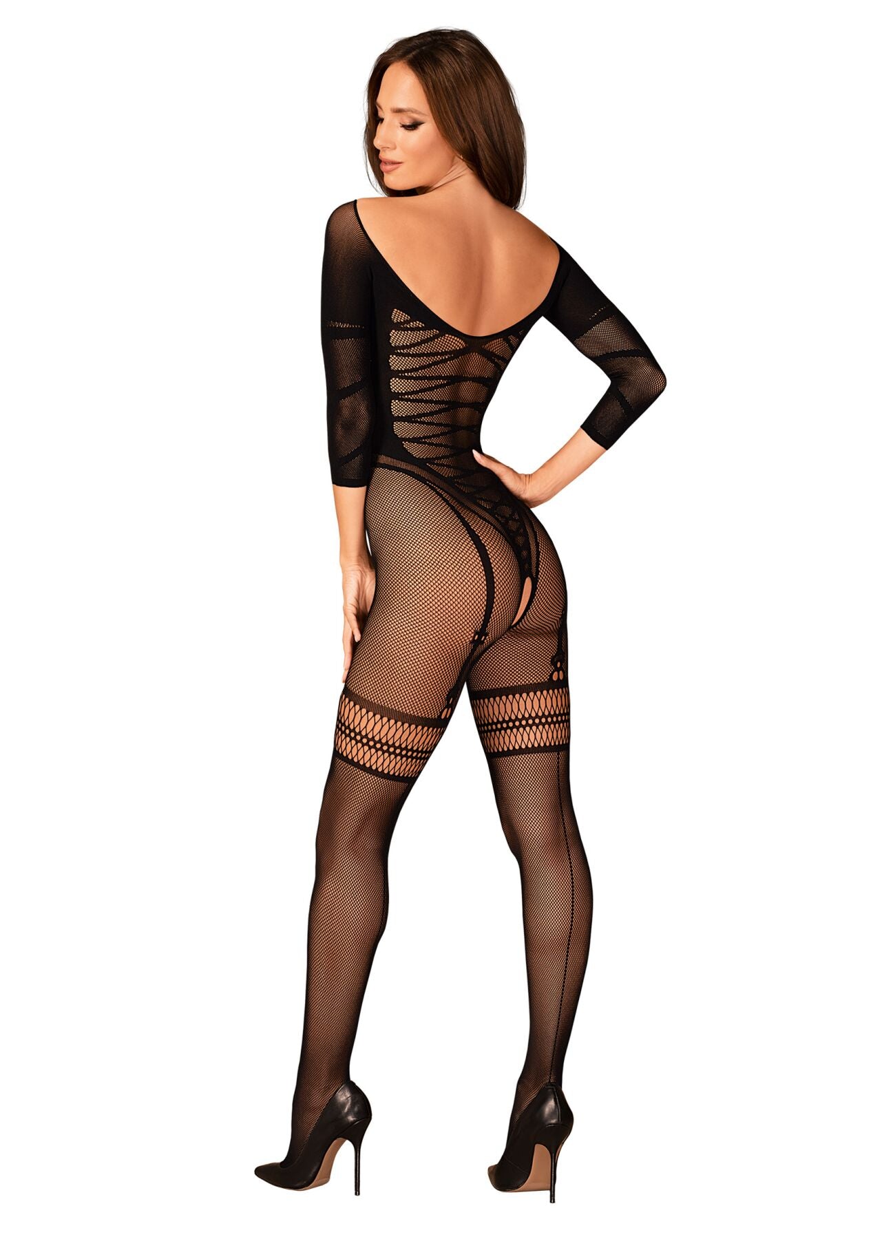 Сітчастий бодістокінг з імітацією підв’язок Obsessive Bodystocking G329 S/M/L, black, з доступом