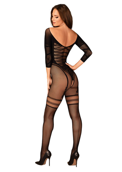 Сітчастий бодістокінг з імітацією підв’язок Obsessive Bodystocking G329 XL/XXL, black, з доступом