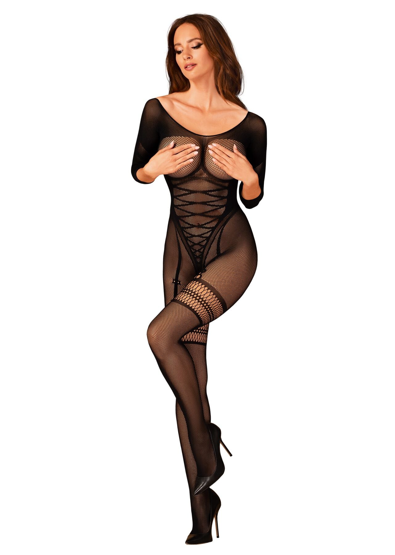Сітчастий бодістокінг з імітацією підв’язок Obsessive Bodystocking G329 XL/XXL, black, з доступом