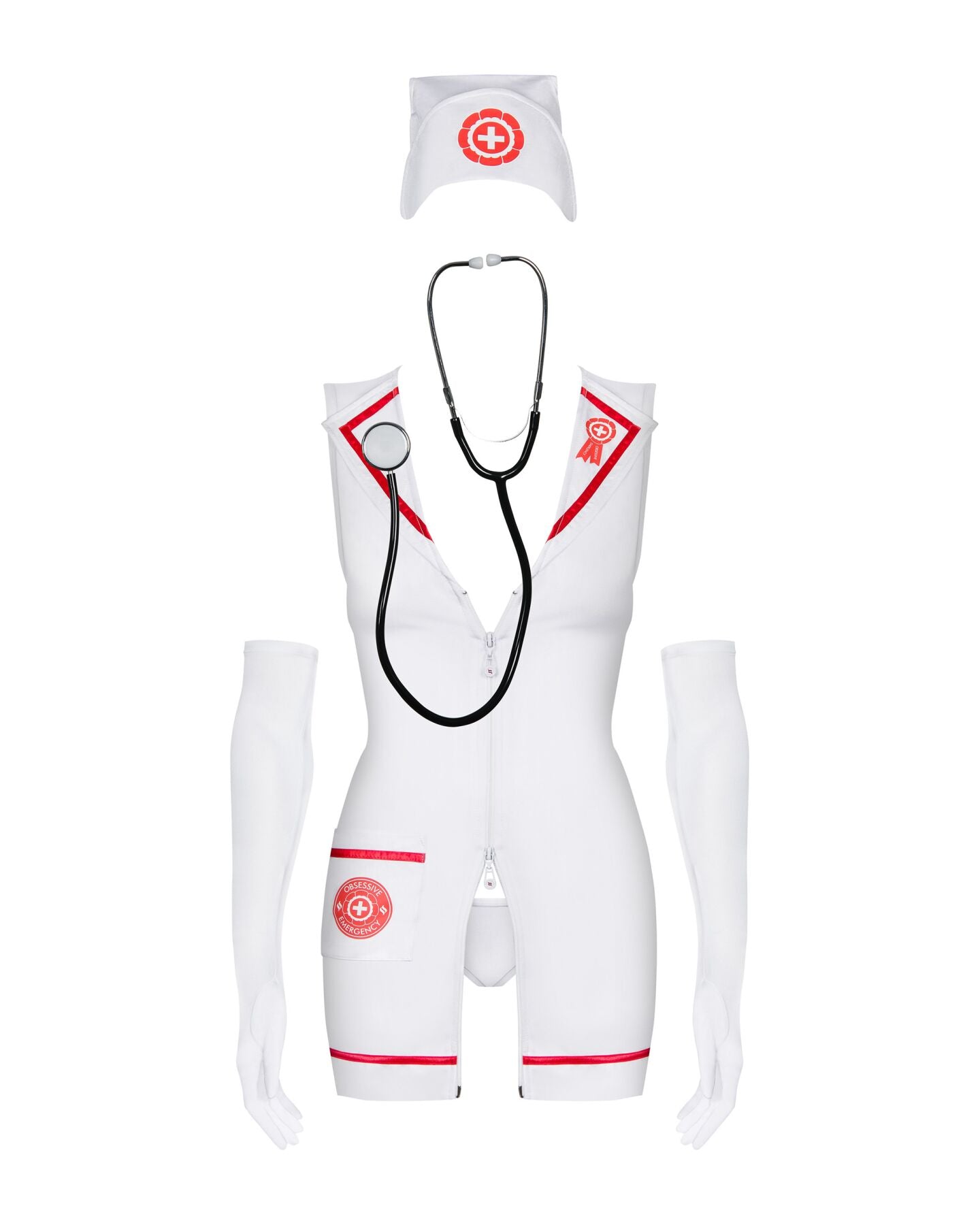 Еротичний костюм медсестри Obsessive Emergency dress S/M, white, сукня, стринги, рукавички, чепчик,