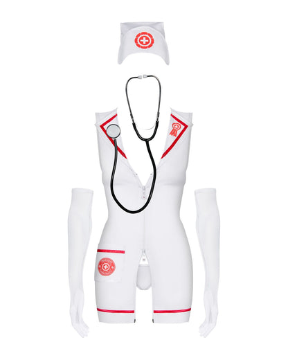 Еротичний костюм медсестри Obsessive Emergency dress S/M, white, сукня, стринги, рукавички, чепчик,