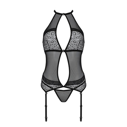Корсет з пажами Passion SATARA CORSET XXL/XXXL black, стрінги, мереживо, застібки спереду та ззаду