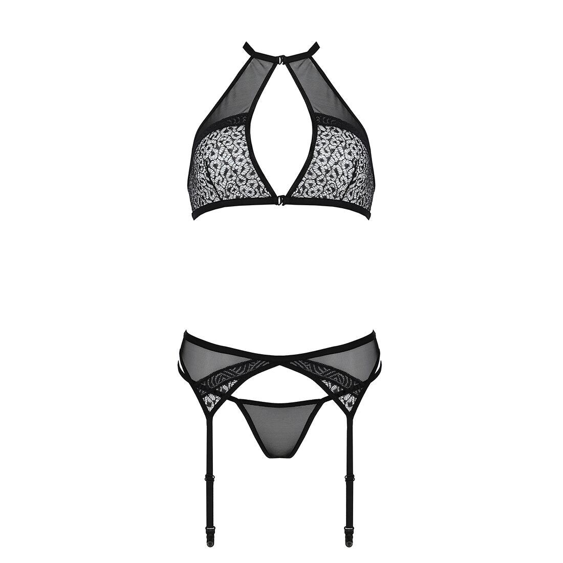 Комплект білизни Passion SATARA SET L/XL black, топ, пояс для панчіх, стрінги