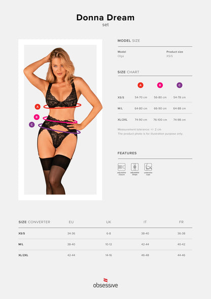 Комплект білизни Obsessive Donna Dream 3-pcs set XL/2XL Black, бюстгальтер, стрінги, пояс для панчіх