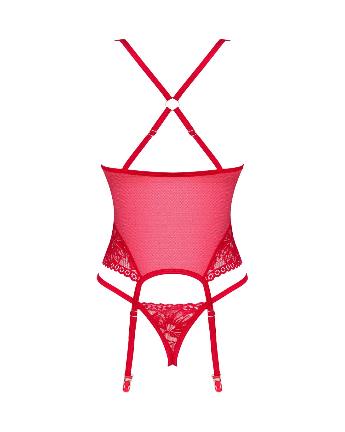 Прозорий корсет Obsessive Lacelove corset M/L Red, мереживо, підв’язки для панчіх