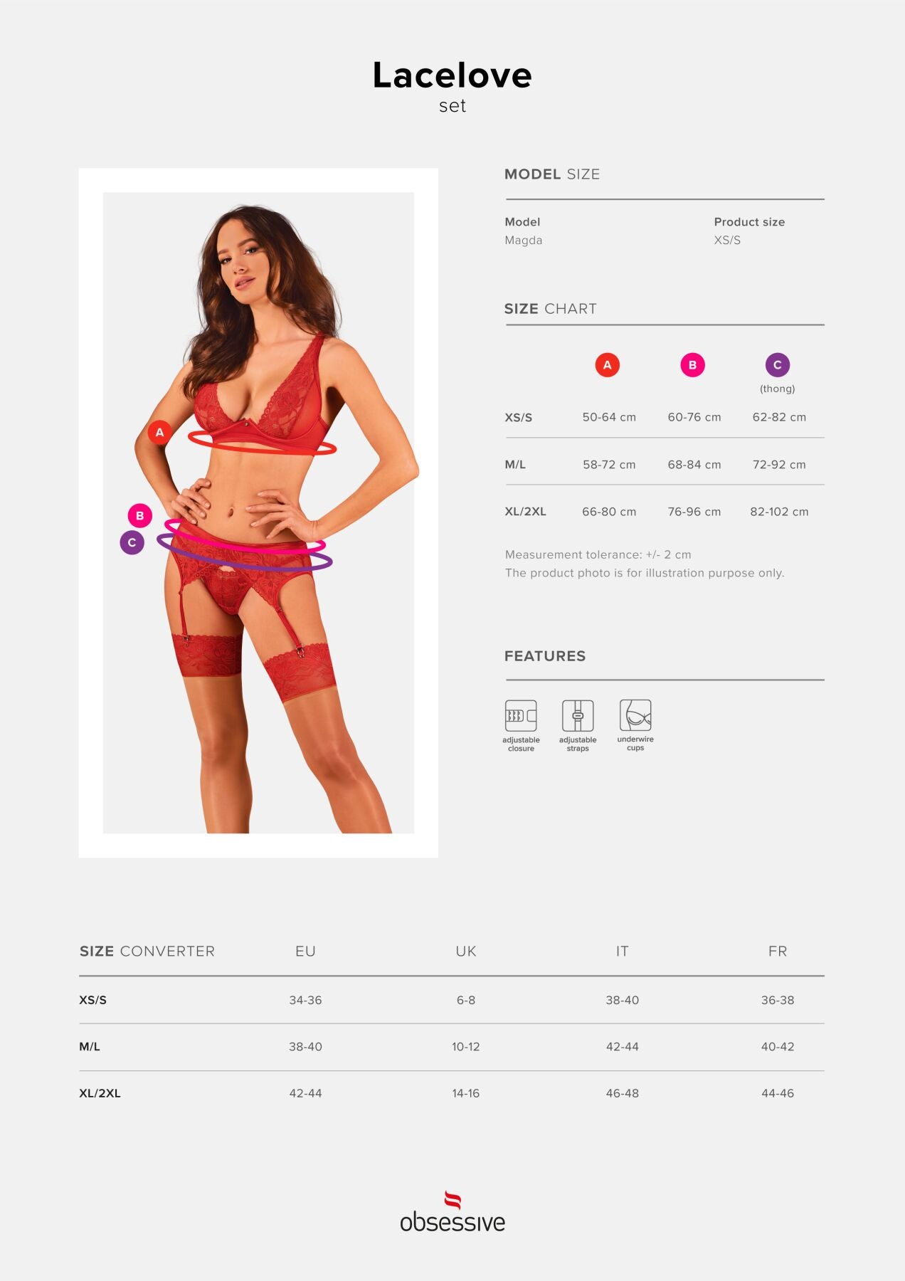 Комплект білизни Obsessive Lacelove cupless 3-pcs set XL/2XL Red, бюстгальтер, стрінги, пояс для пан