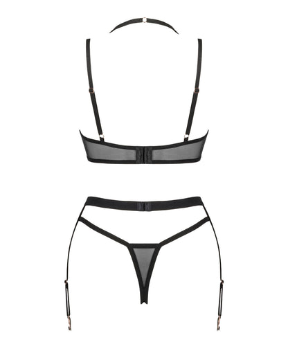 Комплект білизни Obsessive Selinne 3-pcs set M/L Black, бюстгальтер, стрінги пояс для панчіх