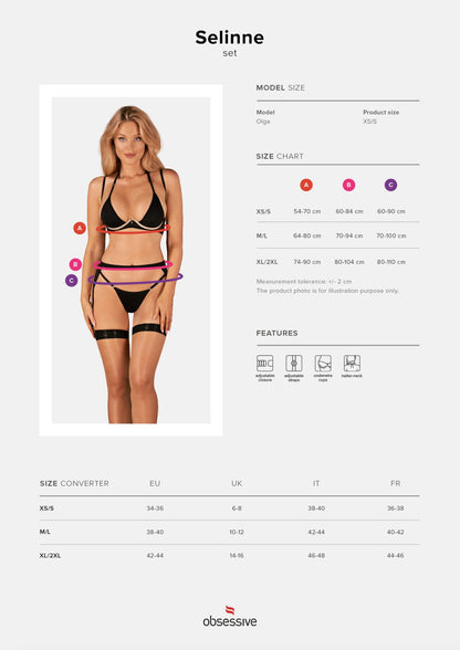 Комплект білизни Obsessive Selinne 3-pcs set XL/2XL Black, бюстгальтер, стрінги пояс для панчіх