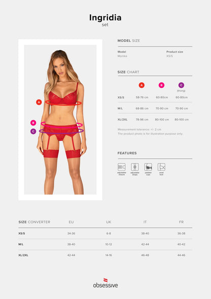Комплект Obsessive Ingridia 3-pcs set XS/S, червоний, бюстгальтер, стрінги, пояс
