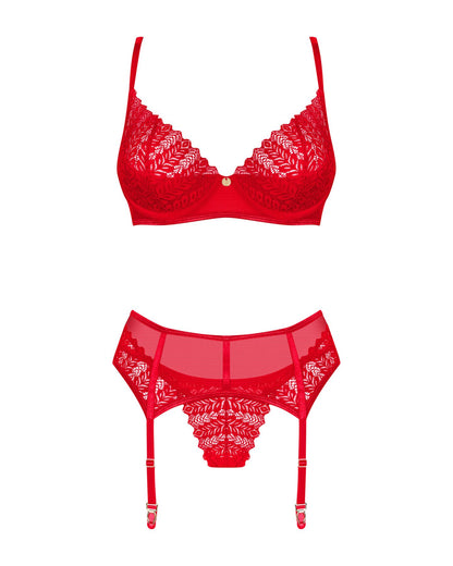 Комплект Obsessive Ingridia 3-pcs set XL/2XL, червоний, бюстгальтер, стрінги, пояс
