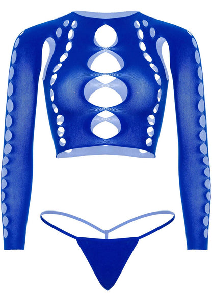Комплект Leg Avenue Long sleeve crop top & string Royal Blue One Size, топ, стрінги