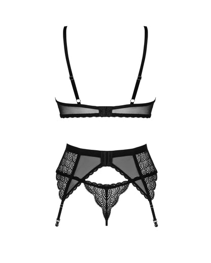 Комплект Obsessive Chemeris 3-pcs set XS/S, стрінги, пояс для панчіх, бюстгальтер