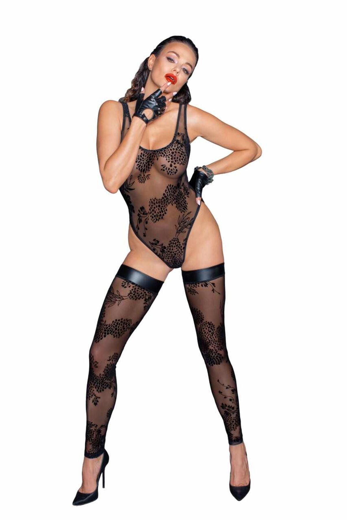 Боді Noir Handmade F242 Tulle body with patterned flock embroidery, S