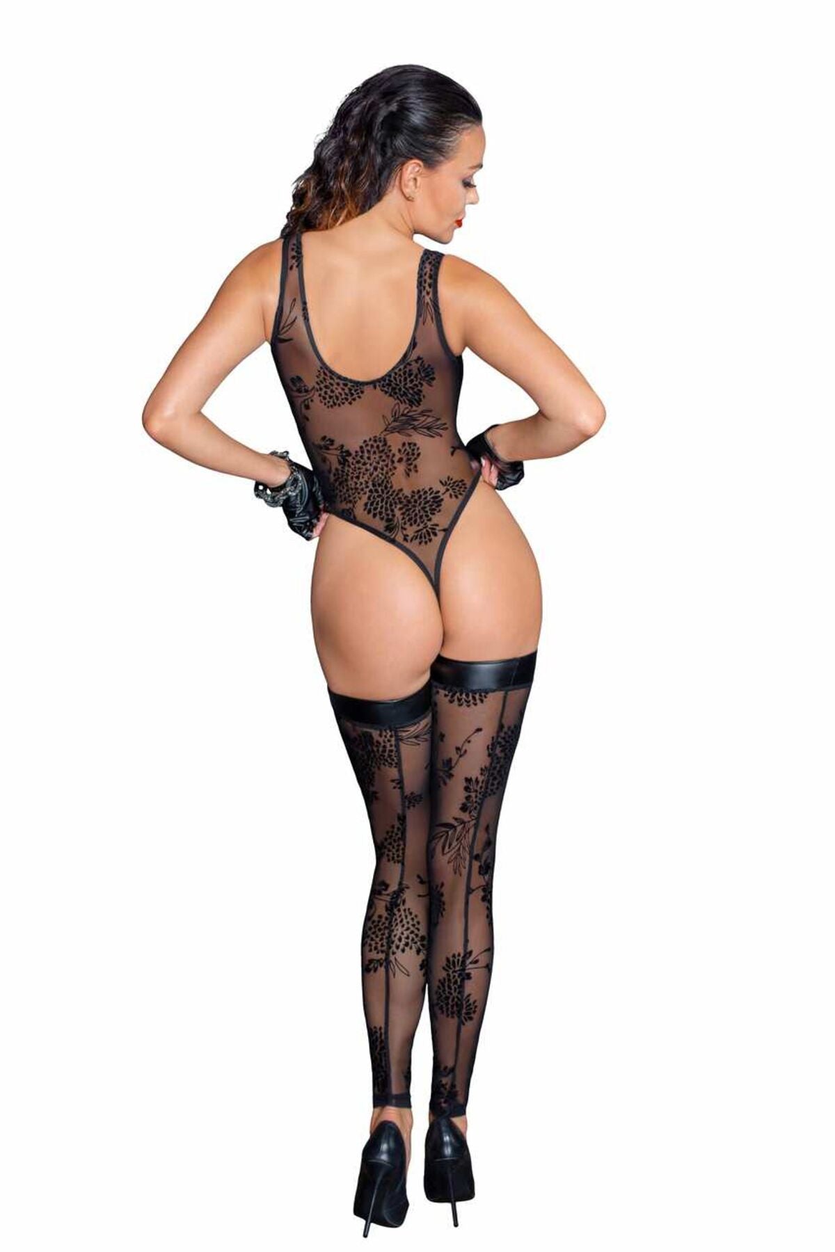 Боді Noir Handmade F242 Tulle body with patterned flock embroidery, M