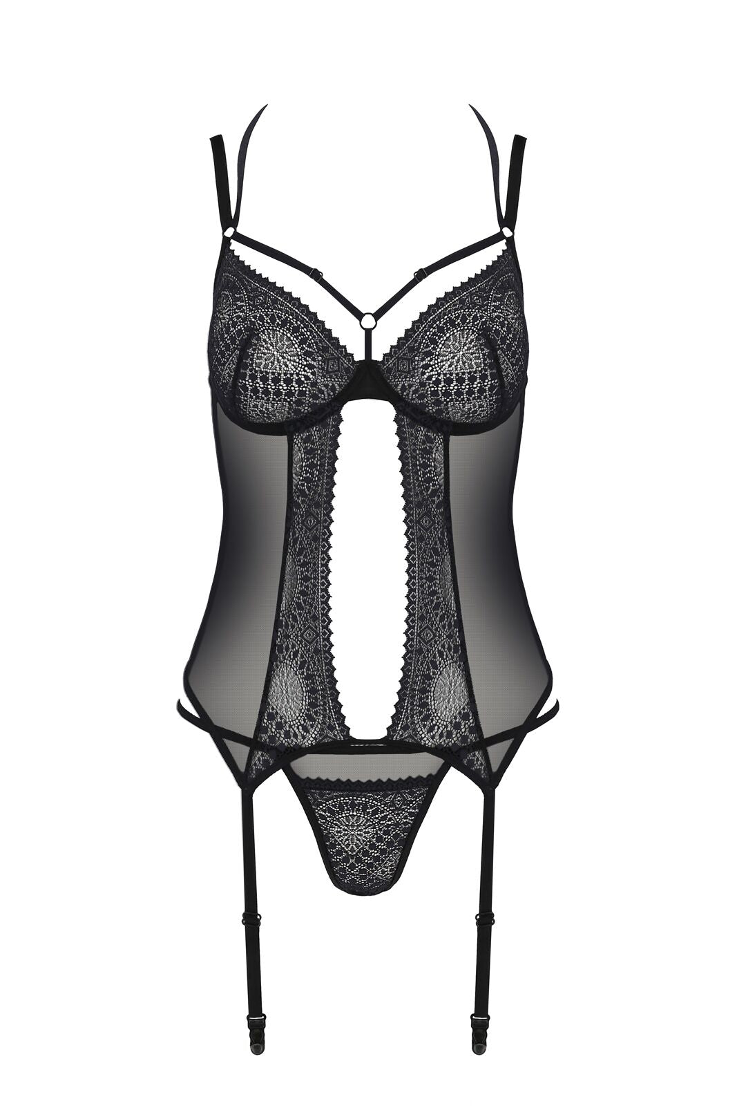 Корсет Passion DROSERA CORSET black, L/XL, з кріпленнями для панчіх, трусики в комплекті