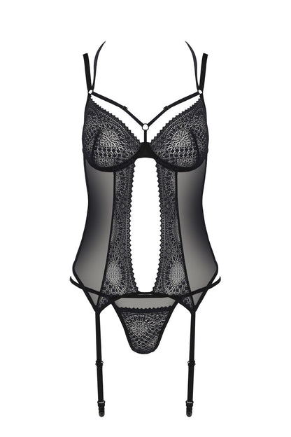 Корсет Passion DROSERA CORSET black, L/XL, з кріпленнями для панчіх, трусики в комплекті